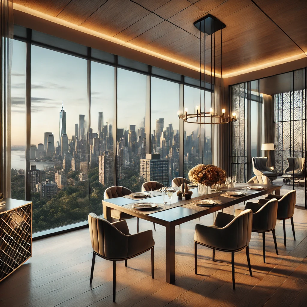 Modern dining area overlooking the NYC skyline