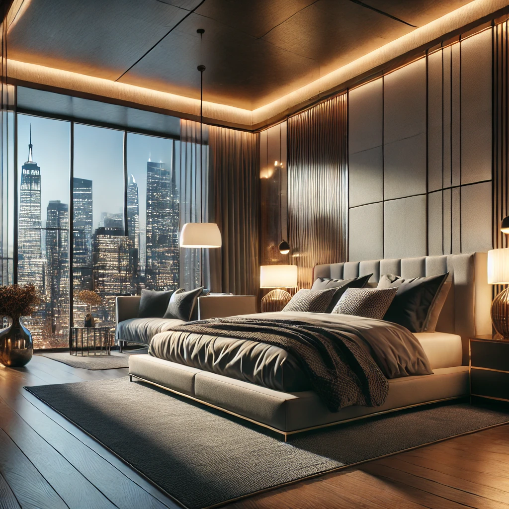 Modern NYC bedroom with luxury furnishings